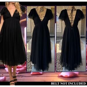Pinkblush Black Tulle V-Neck Flutter Sleeve Midi Dress Size S
